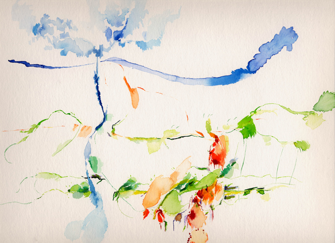 KL&auml;ndlich - Kirsten K&ouml;tter: 55° N / 12° O (NordNordOst), Nyso, D&auml;nemark, 19.06.2003, tags&uuml;ber, Aquarell, 30 &times; 40 cm, Text (01/36)