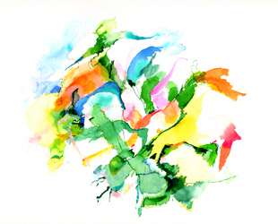 Site-specific painting von Kirsten K&ouml;tter: Garten im Taunus - Warmes Abendlicht f&auml;llt durch die Bl&auml;tter der hohen B&auml;ume und Zweige der hohen Fichten, Sp&auml;tsommer 2004, Aquarell, 30 &times; 40 cm