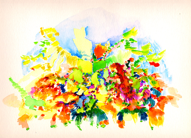Kirsten K&ouml;tter: Site-specific painting, Malerei vor Ort, Garten Escheberg, Juni 2005, Aquarell, 30 &times; 40 cm