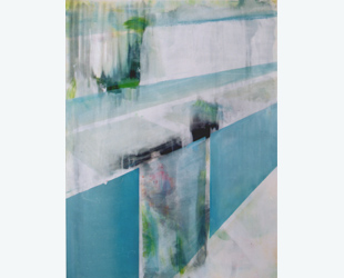 Kirsten K&ouml;tter: ohne Titel (Glasarchitektur am Genfer See), 2010, 90 x70 cm, �l, Acryl auf Leinwand, Palimpsest (&Uuml;bermalung Blumen)