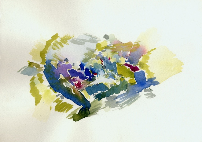 Kirsten K&ouml;tter: Painting Site Specific, Malerei vor Ort, Warnem�nde, Strand, bei gro&szlig;er Welle, 18.08.2012, 15.15 Uhr, Aquarell, 17 &times; 24 cm