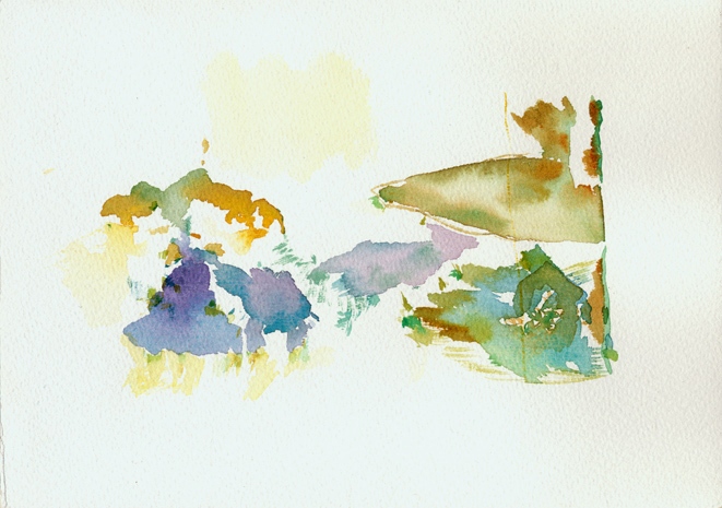 Kirsten K&ouml;tter: Painting Site Specific, Malerei vor Ort, im Feld bei der Wasserscheide N&auml;he Kiesgrube Hoppegarten, M&auml;rz 2012, Aquarell, 17 &times; 24 cm