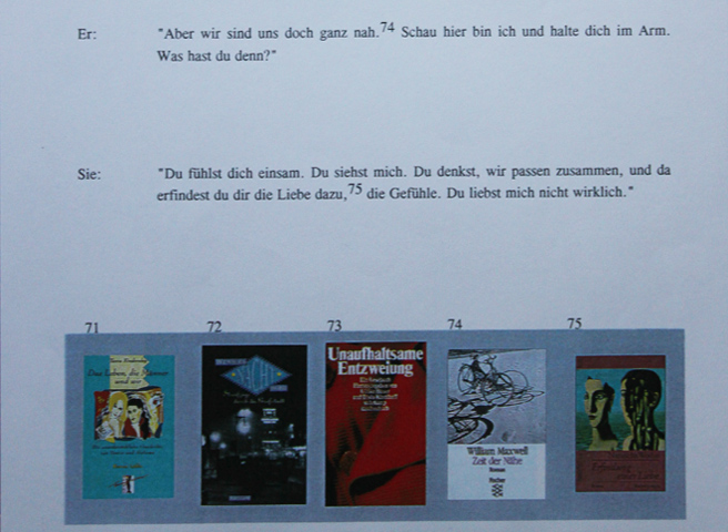 Kirsten K&ouml;tter: 'Liebst du mich?', Buch, 19 Seiten mit 100 Buchcovern, Audiovisuelle Performance mit Franz Klee und Christoph Kolb ('Dein Hackfleisch'), 1997