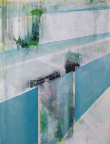 untitled (Glass architecture Lake Geneva), 2007 / 2010, oil, acrylic, canvas, palimpsest (overpainting Flowers),
  90 × 70 cm (Kirsten Kötter) / ohne Titel (Glasarchitektur Genfer See), Palimpsest (Übermalung Blumen)