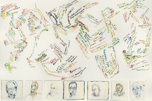 2020-11-16_familienausschuss-bildungs-jugendstaetten, German Bundestag, Committee on Family, Senior Citizens, Women and Youth, 
  water colour, 50 x 65 cm (Kirsten Kötter)