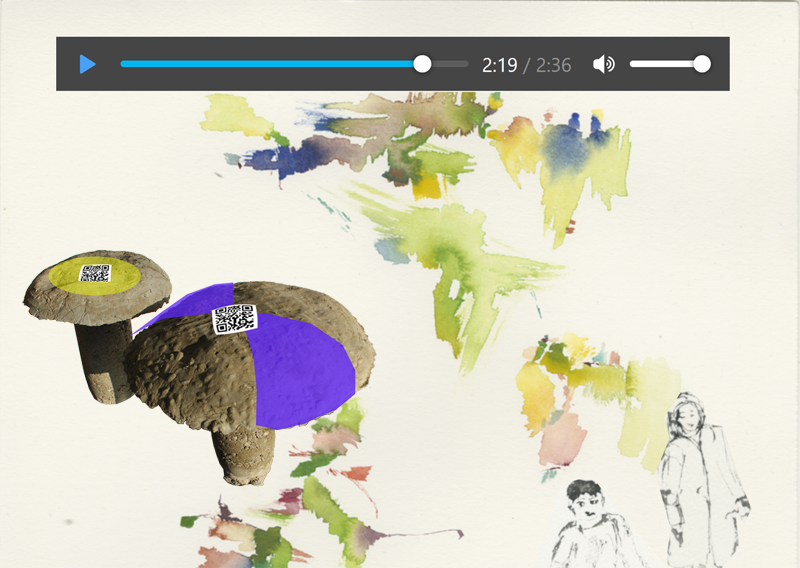 Detailseite mit Audio und Animation öffnen. Künstlerische Collage zum Kunstprojekt Pilznetz Neukölln von Kirsten Kötter: Audiobalken, abstraktes Aquarell, Skizze mit zwei Menschen, zwei teilweise bemalte Pilze aus Beton mit QR-Codes