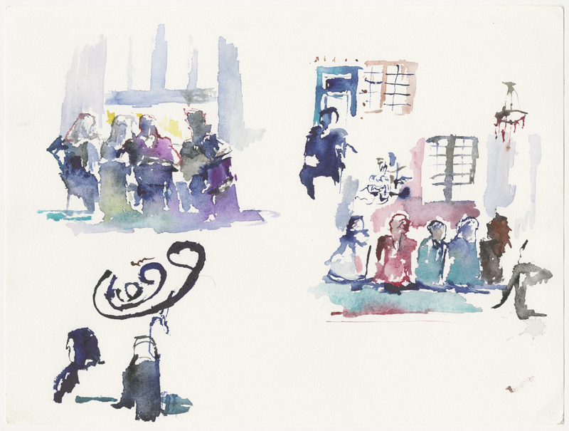 2015-04-05_sehitlik-moschee_skizze, in the women's room of the Sehitlik mosque, women are reading the Koran before prayer, women during prayer, sketch, water colours, 24 &times; 32 cm (Kirsten Kötter)