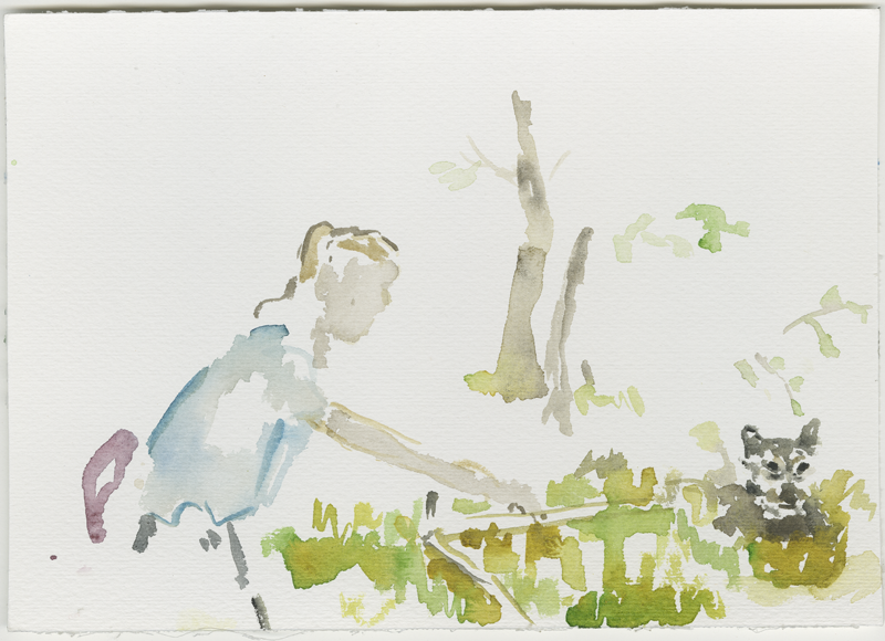 2016-07-18_69-754_27-002_kevo-elina_skizze, Elina Vainio counting the blueberries, her dog Tuisko, sketch, 17 &times; 24 cm (Kirsten Kötter)